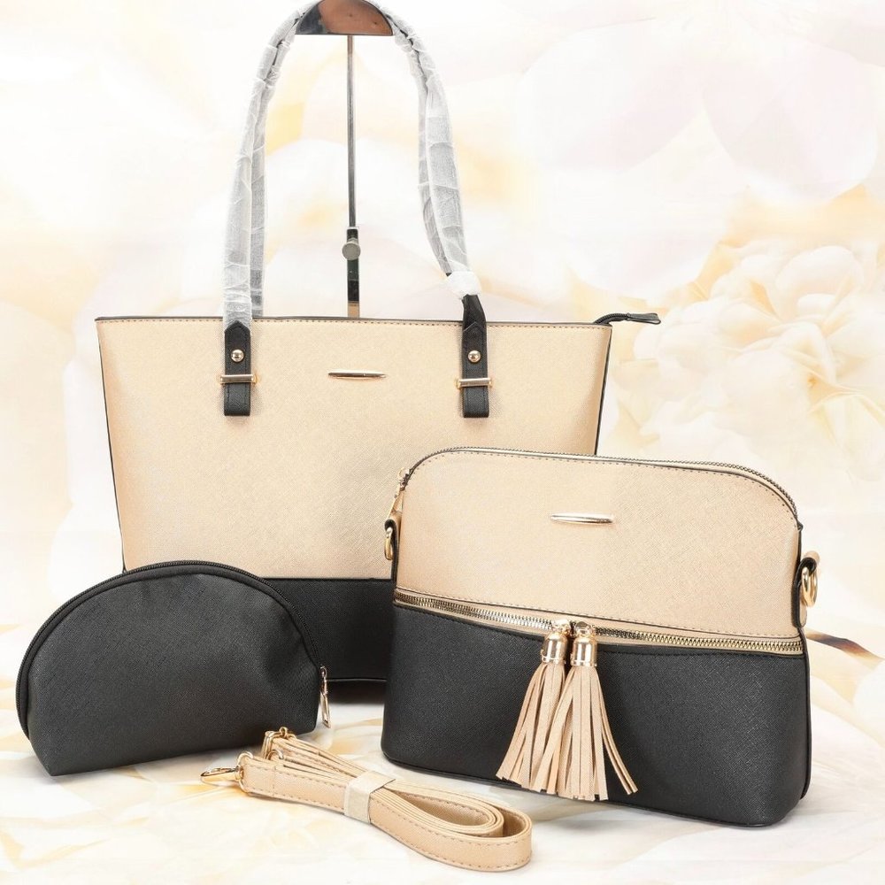 Women's Shoulder Tote Crossbody Bag & Pouch 3 Piece Set Medium Gold/Black